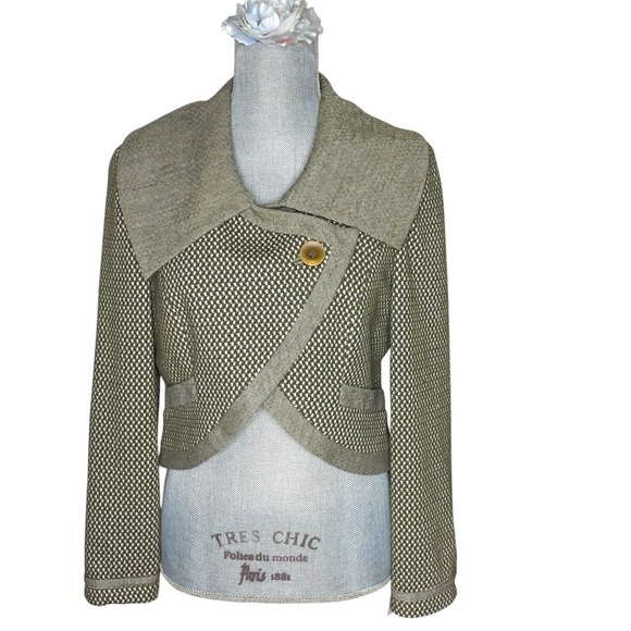 Hinge Women's Asymmetrical Cardigan in Olive and Cream - Picture 1 of 7